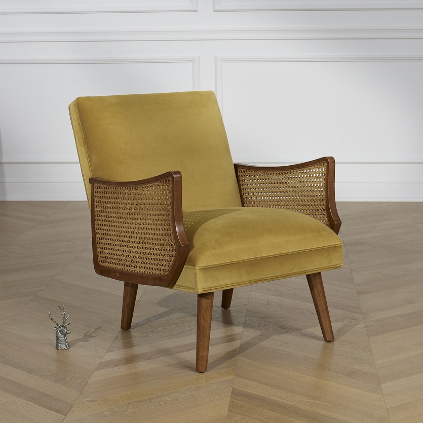 CUBA - Fauteuil style nordique en velours, bois massif et accoudoirs en cannage, 1 place