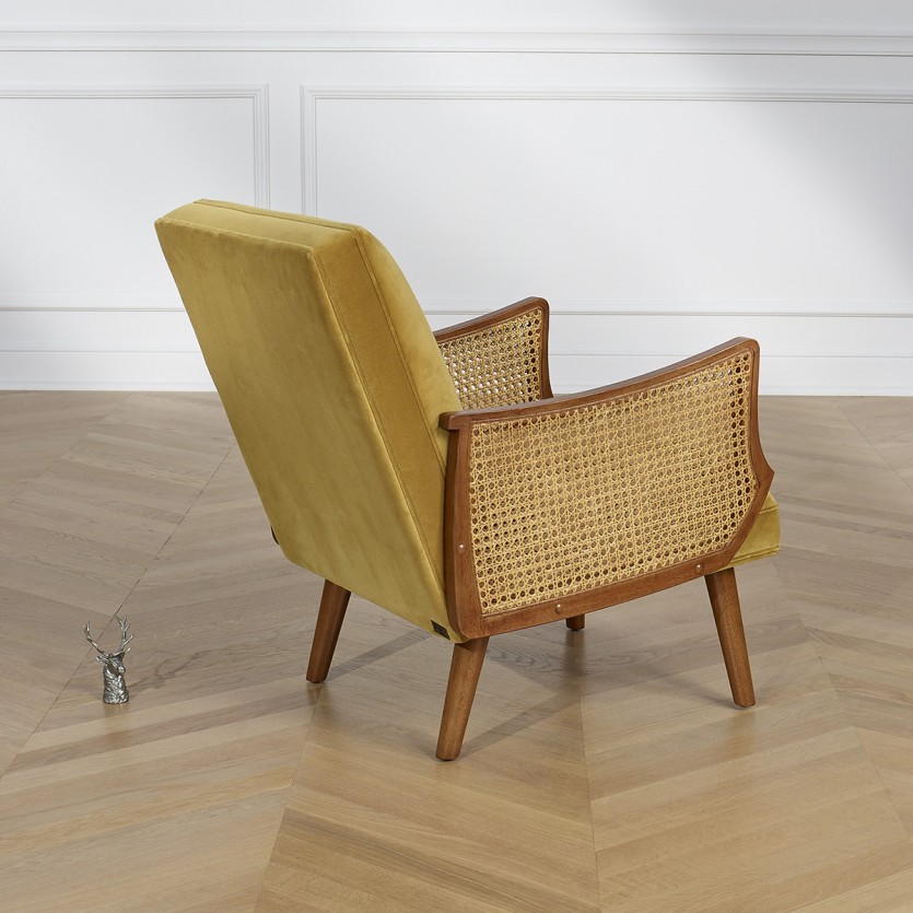 CUBA - Fauteuil style nordique en velours, bois massif et accoudoirs en cannage, 1 place