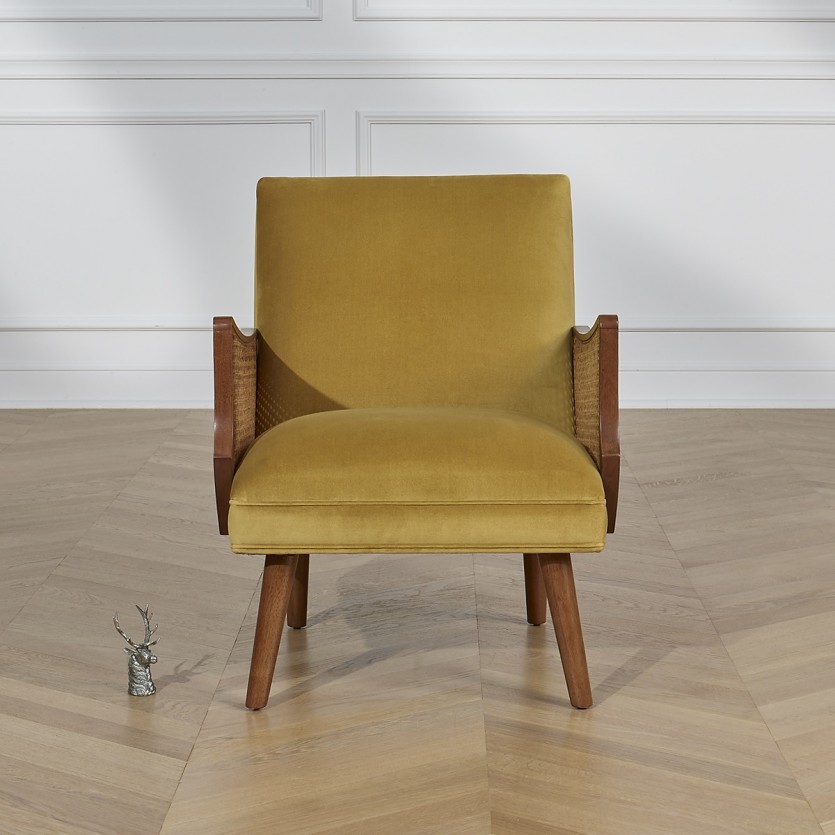 CUBA - Fauteuil style nordique en velours, bois massif et accoudoirs en cannage, 1 place