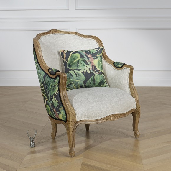 Fauteuil bergère VICTOR JUNGLE - Style romantique en bois, lin et tissu imprimé, 1 place