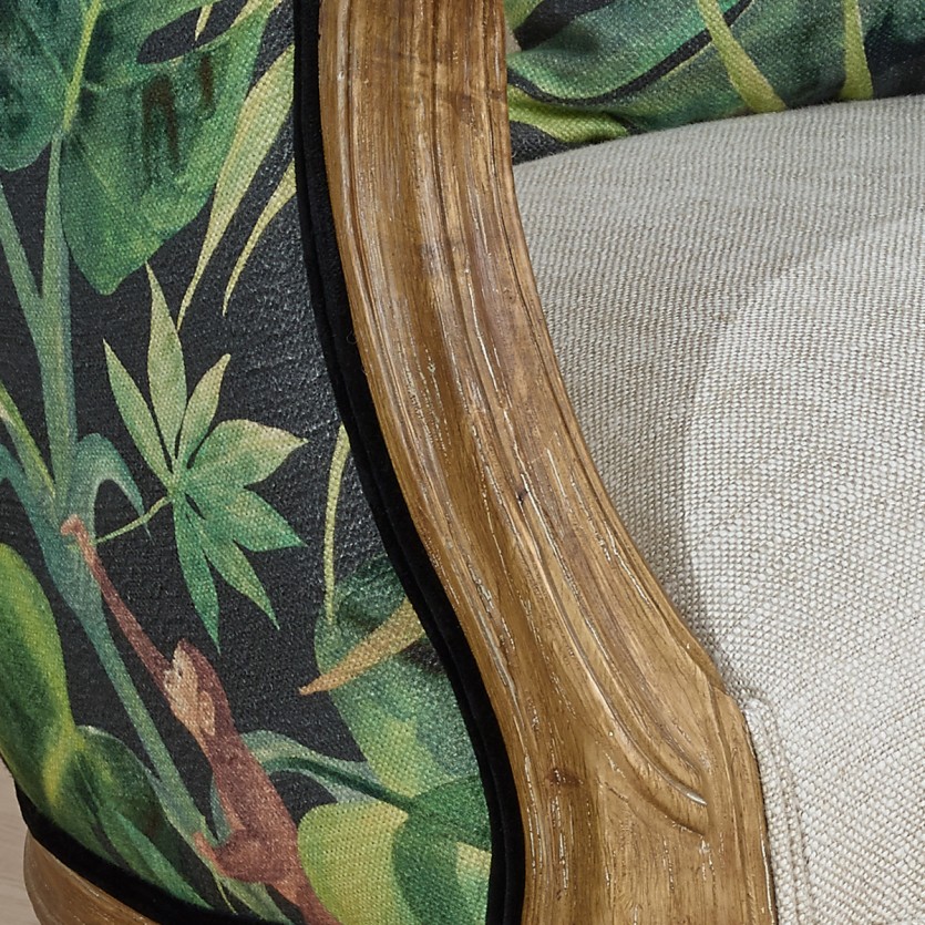 Fauteuil bergère VICTOR JUNGLE - Style romantique en bois, lin et tissu imprimé, 1 place