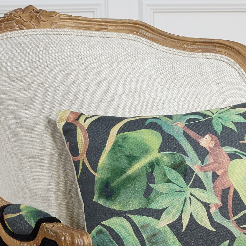 Fauteuil bergère VICTOR JUNGLE - Style romantique en bois, lin et tissu imprimé, 1 place