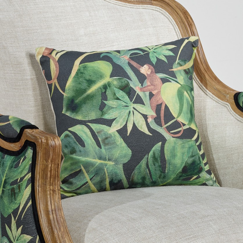 Fauteuil bergère VICTOR JUNGLE - Style romantique en bois, lin et tissu imprimé, 1 place