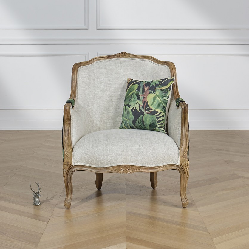 Fauteuil bergère VICTOR JUNGLE - Style romantique en bois, lin et tissu imprimé, 1 place