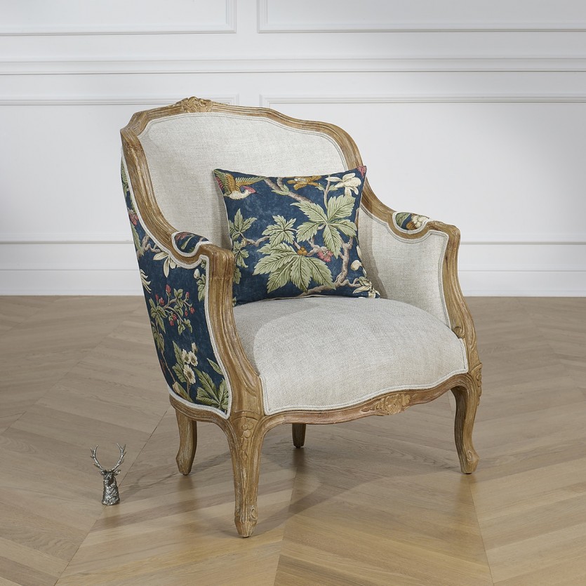 Fauteuil bergère VICTOR LOPHURA - Style shabby chic en bois massif et lin premium, 1 place