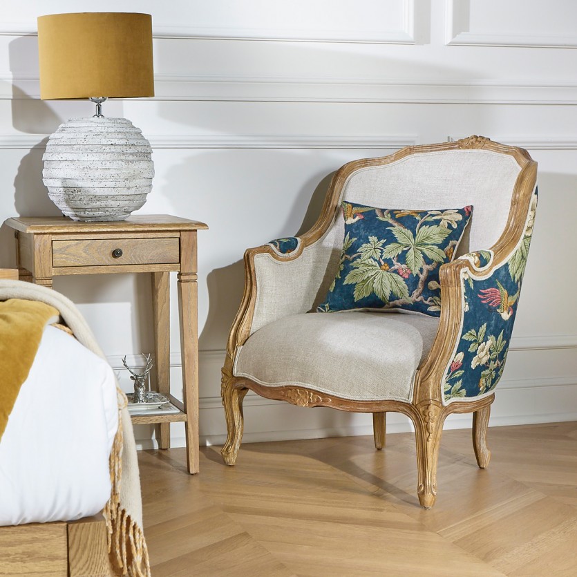 Fauteuil bergère VICTOR LOPHURA - Style shabby chic en bois massif et lin premium, 1 place
