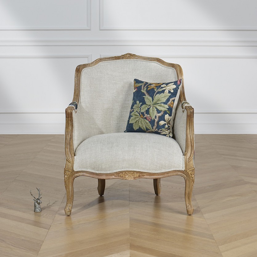 Fauteuil bergère VICTOR LOPHURA - Style shabby chic en bois massif et lin premium, 1 place