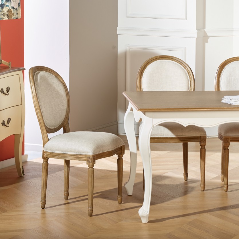 Set of 2 MEDAILLON chairs - Shabby chic style in solid wood and premium linen