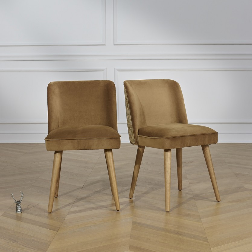 APOLLINE BRUXELLES - Lot de 2 chaises style nordique en bois, tissus velours et tweed
