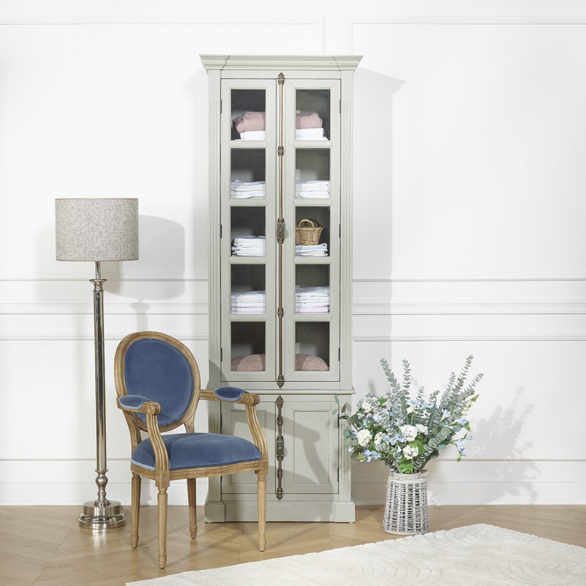 MEDAILLON - Fauteuil de table en bois massif et velours bleu Louis, 1 place