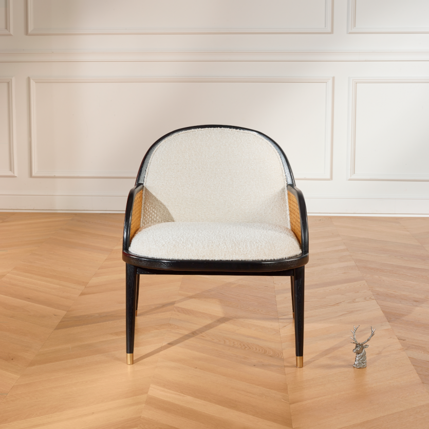 MARCEL – Fauteuil style scandinave en rotin, bois massif et tissu effet laine bouclée, 1 place