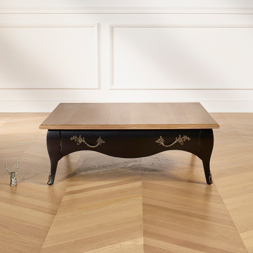 BARBARA - Table basse carrée style romantique, plateau en chêne, 1 tiroir