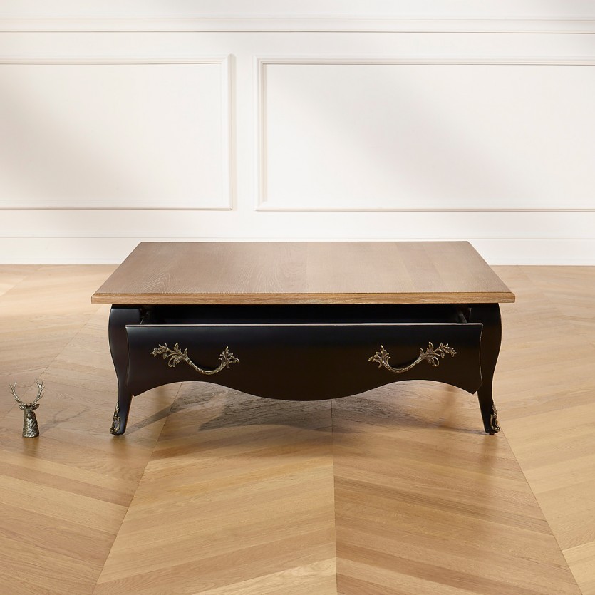 BARBARA - Table basse carrée style romantique, plateau en chêne, 1 tiroir