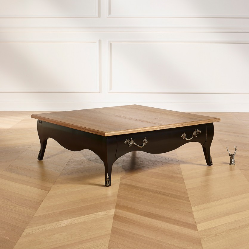 BARBARA - Square coffee table with a romantic style, oak top, 1 drawer