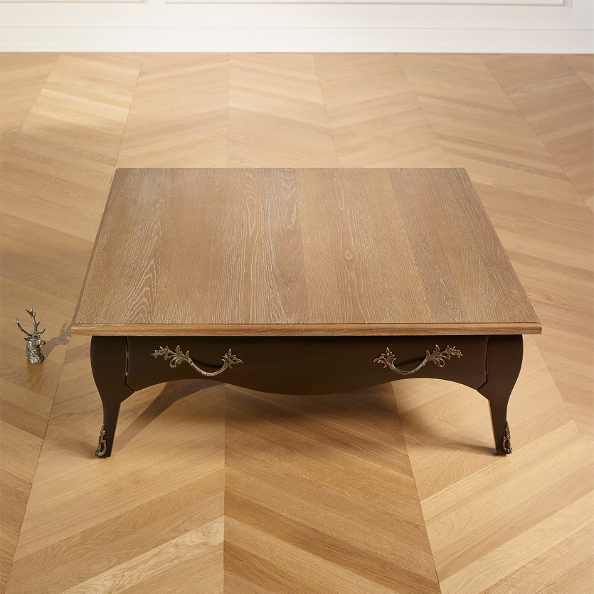 BARBARA - Table basse carrée style romantique, plateau en chêne, 1 tiroir