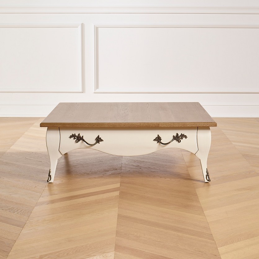 BARBARA - Table basse carrée style romantique, plateau en chêne, 1 tiroir