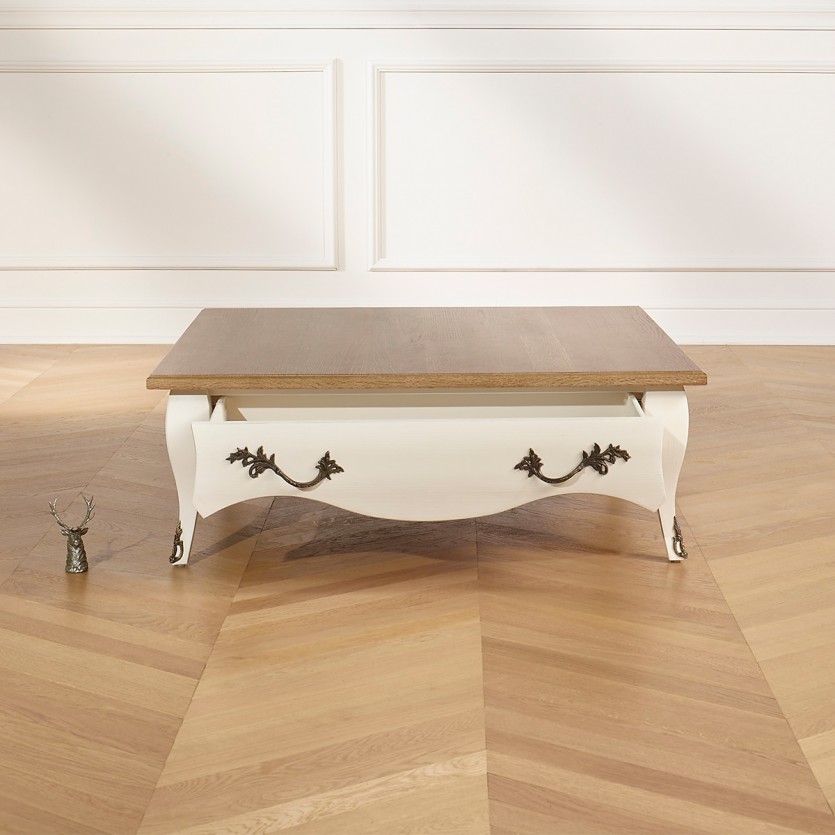 BARBARA - Table basse carrée style romantique, plateau en chêne, 1 tiroir