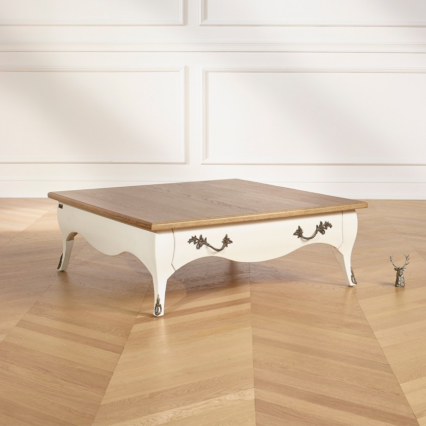 BARBARA - Table basse carrée style romantique, plateau en chêne, 1 tiroir