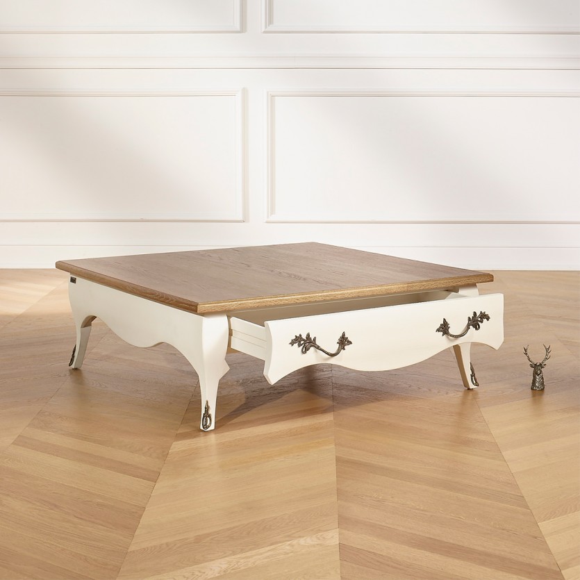 BARBARA - Table basse carrée style romantique, plateau en chêne, 1 tiroir