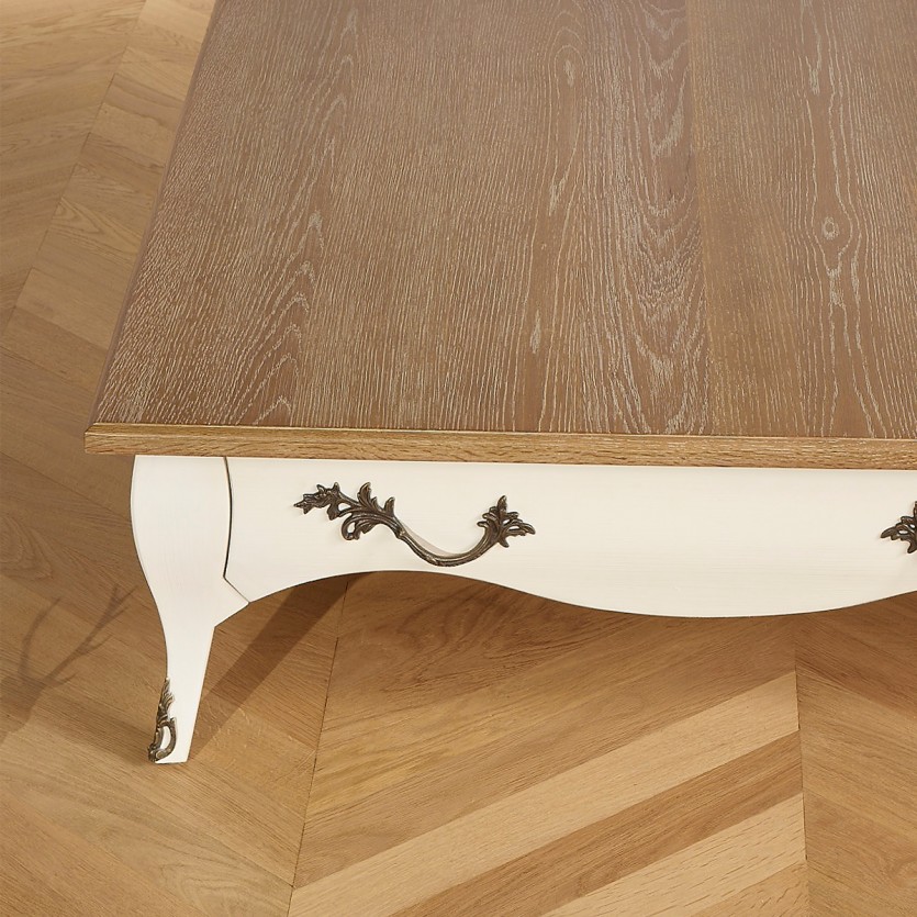 BARBARA - Table basse carrée style romantique, plateau en chêne, 1 tiroir
