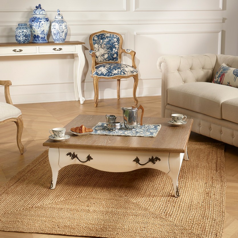 BARBARA - Table basse carrée style romantique, plateau en chêne, 1 tiroir