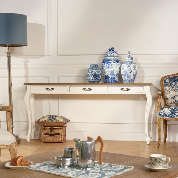 Console LOUIS - Style romantique, plateau en chêne, 3 tiroirs