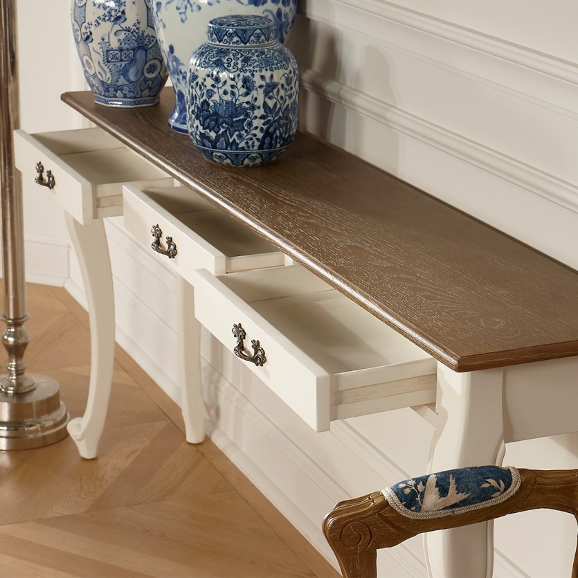 Console LOUIS - Style romantique, plateau en chêne, 3 tiroirs