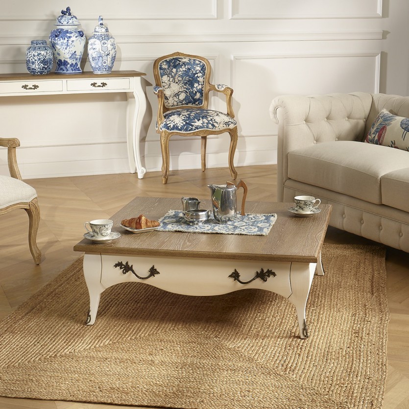 BARBARA - Table basse carrée style romantique, plateau en chêne, 1 tiroir