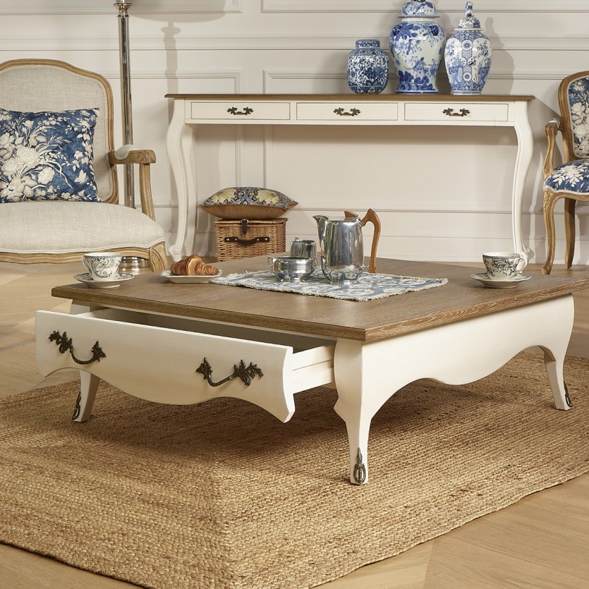 BARBARA - Table basse carrée style romantique, plateau en chêne, 1 tiroir