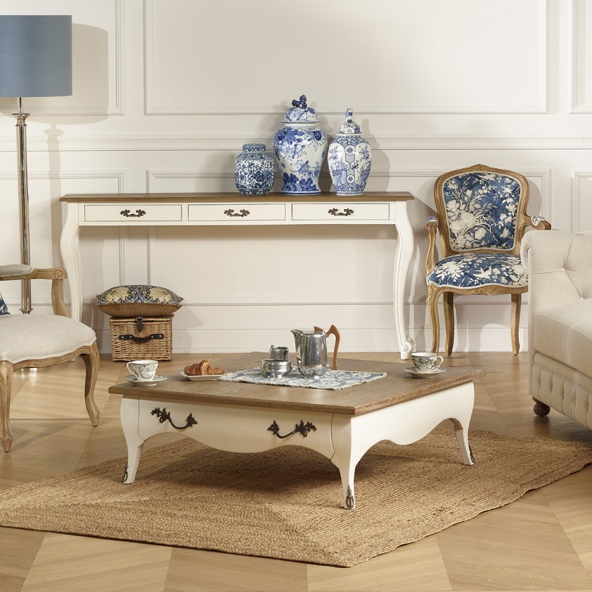 BARBARA - Table basse carrée style romantique, plateau en chêne, 1 tiroir