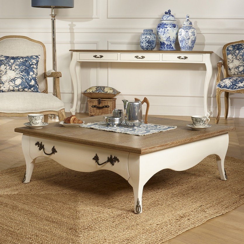 BARBARA - Table basse carrée style romantique, plateau en chêne, 1 tiroir