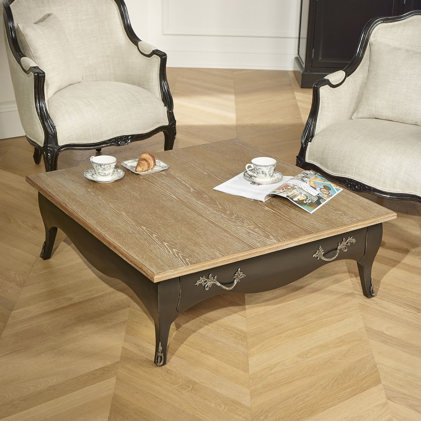 BARBARA - Quadratischer Couchtisch im romantischen Stil, Eichenplatte, 1 Schublade