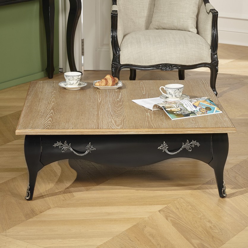 BARBARA - Table basse carrée style romantique, plateau en chêne, 1 tiroir