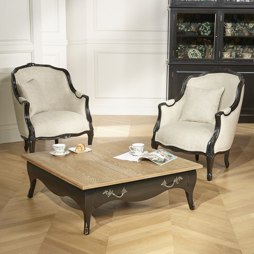 BARBARA - Square coffee table with a romantic style, oak top, 1 drawer