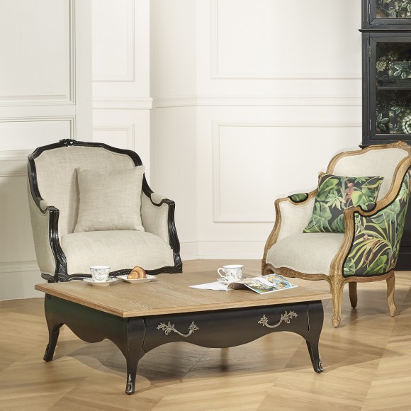 BARBARA - Table basse carrée style romantique, plateau en chêne, 1 tiroir