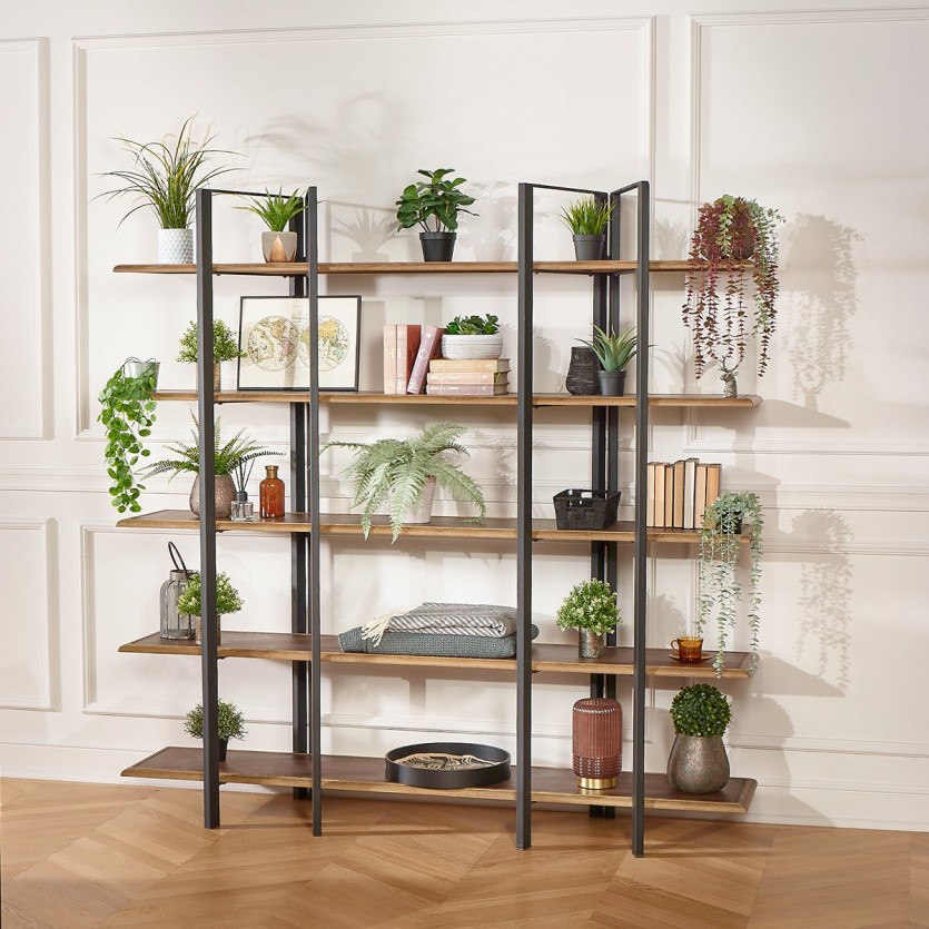 YORK - Etagère style industriel en chêne et métal, 5 tablettes
