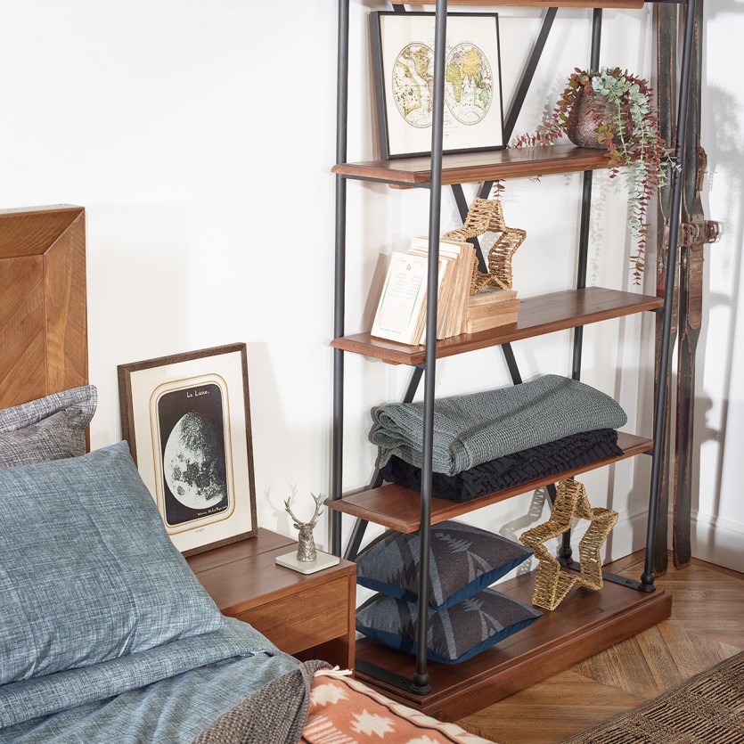 MARCUS - Étagère style moderne en bois massif et métal noir, 4 tablettes