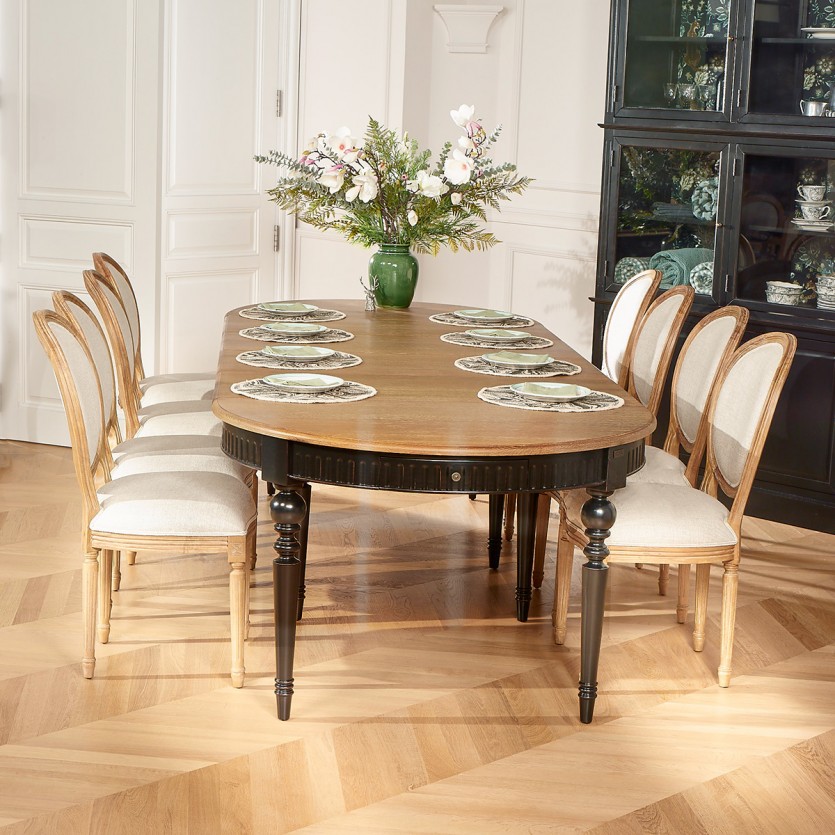 Table à manger extensible AUDE - Style romantique en chêne, pieds noirs, 6/14 couverts