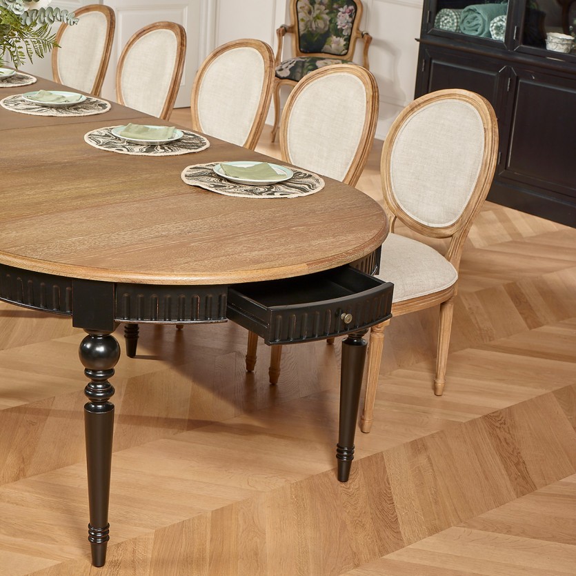 AUDE Extendable Dining Table - Romantic Style in Oak, Black Legs, Seats 6/14