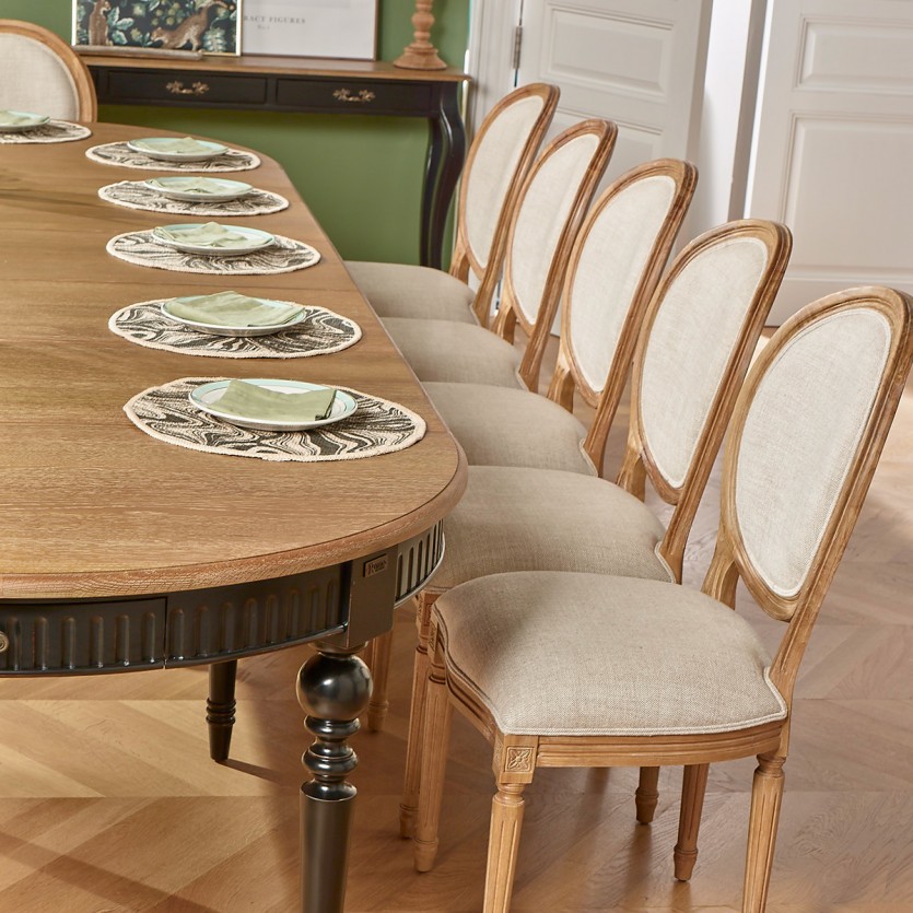 AUDE Extendable Dining Table - Romantic Style in Oak, Black Legs, Seats 6/14