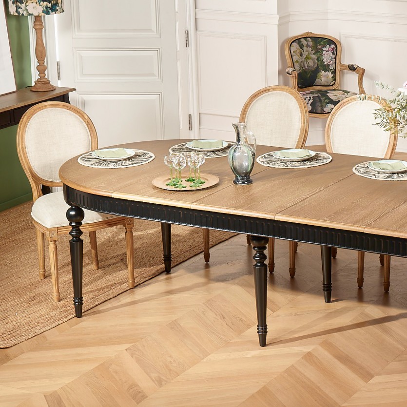 AUDE Extendable Dining Table - Romantic Style in Oak, Black Legs, Seats 6/14