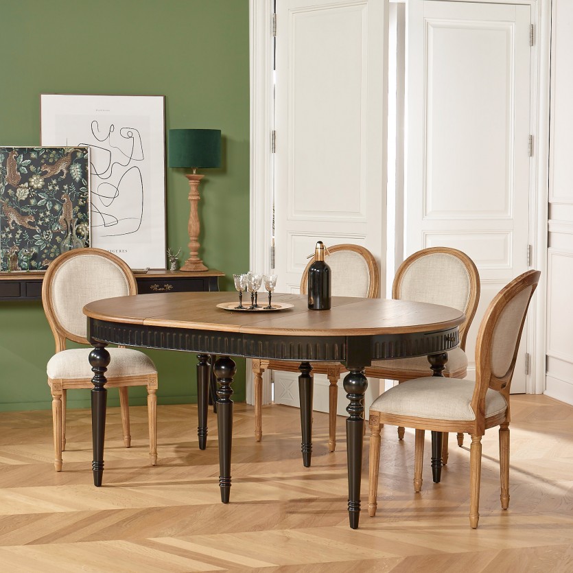 AUDE Extendable Dining Table - Romantic Style in Oak, Black Legs, Seats 6/14