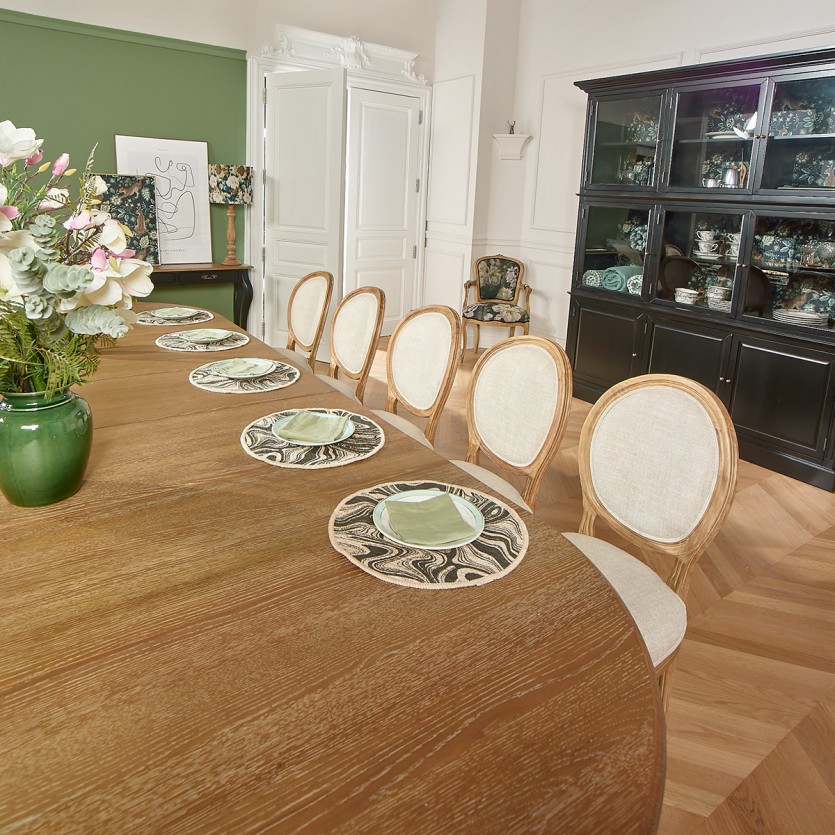 Table à manger extensible AUDE - Style romantique en chêne, 6/14 couverts, bois certifié FSC®
