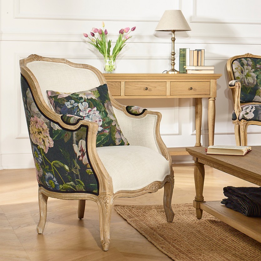 Fauteuil bergère VICTOR GRAPHITE -  Style régence, lin imprimé et lin premium, bois massif, 1 place