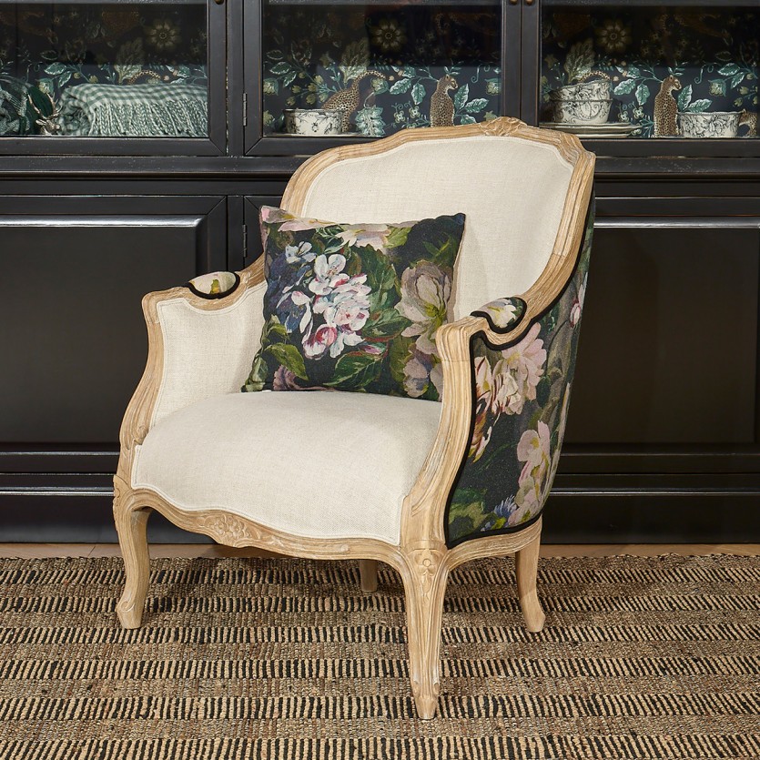 Fauteuil bergère VICTOR GRAPHITE -  Style régence, lin imprimé et lin premium, bois massif, 1 place