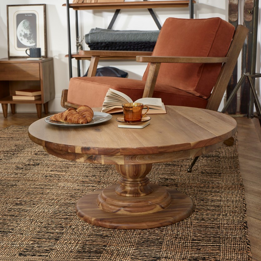 Mesa de centro redonda TODD - Estilo chalé, base central em madeira maciça, 80 cm