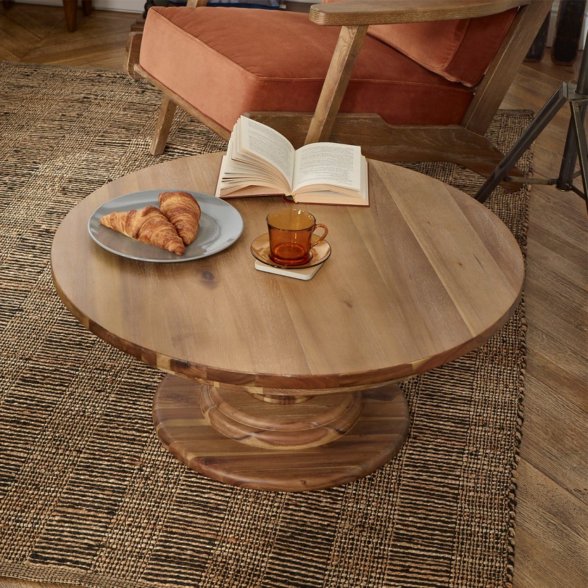 Mesa de centro redonda TODD - Estilo chalé, base central em madeira maciça, 80 cm