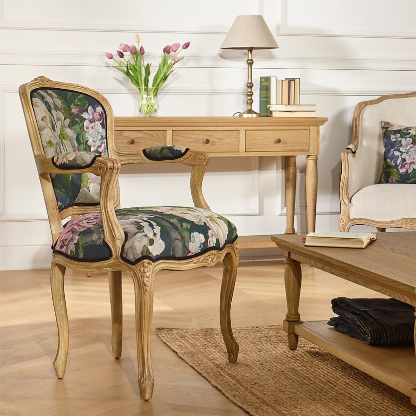 Fauteuil cabriolet LOUVRE GRAPHITE –Style romantique en tissu lin et bois massif, 1 place