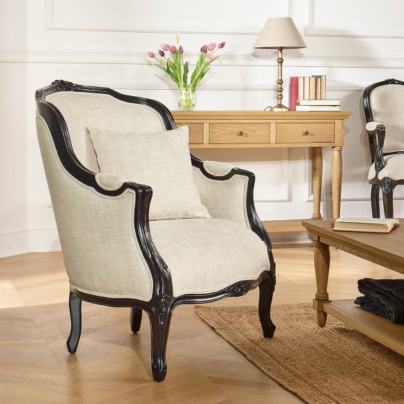 Fauteuil bergère VICTOR NIGHT -  Style shabby chic en bois, couleur noire et tissu lin premium, 1 place