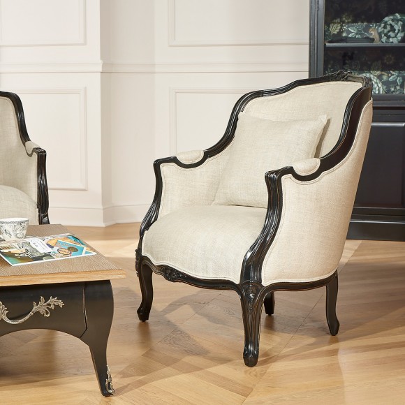 Fauteuil bergère VICTOR NIGHT -  Style shabby chic en bois, couleur noire et tissu lin premium, 1 place